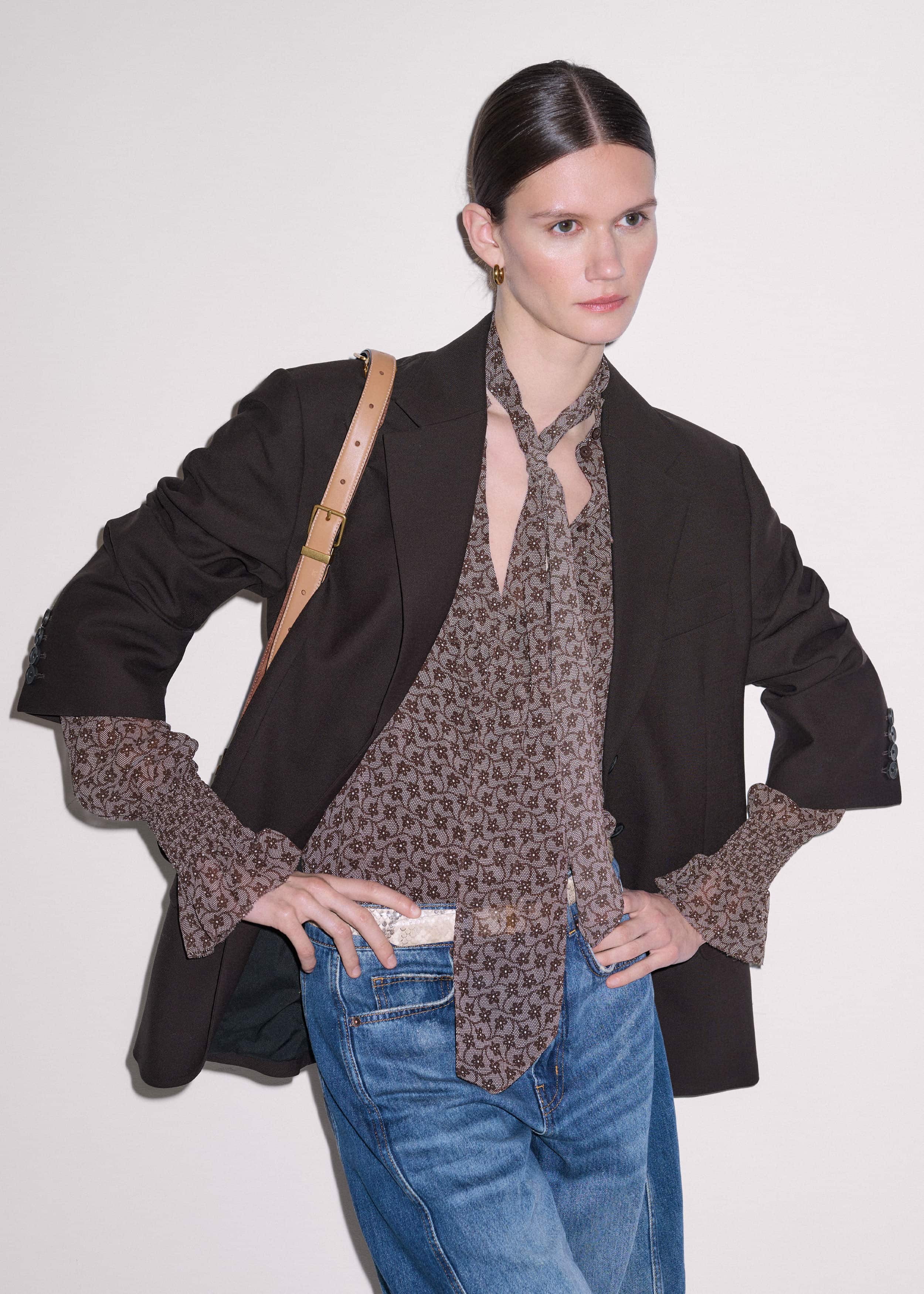 Brown Silk Lace Print Straight In-The-Details Blouse