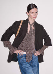 Brown Silk Lace Print Straight In-The-Details Blouse