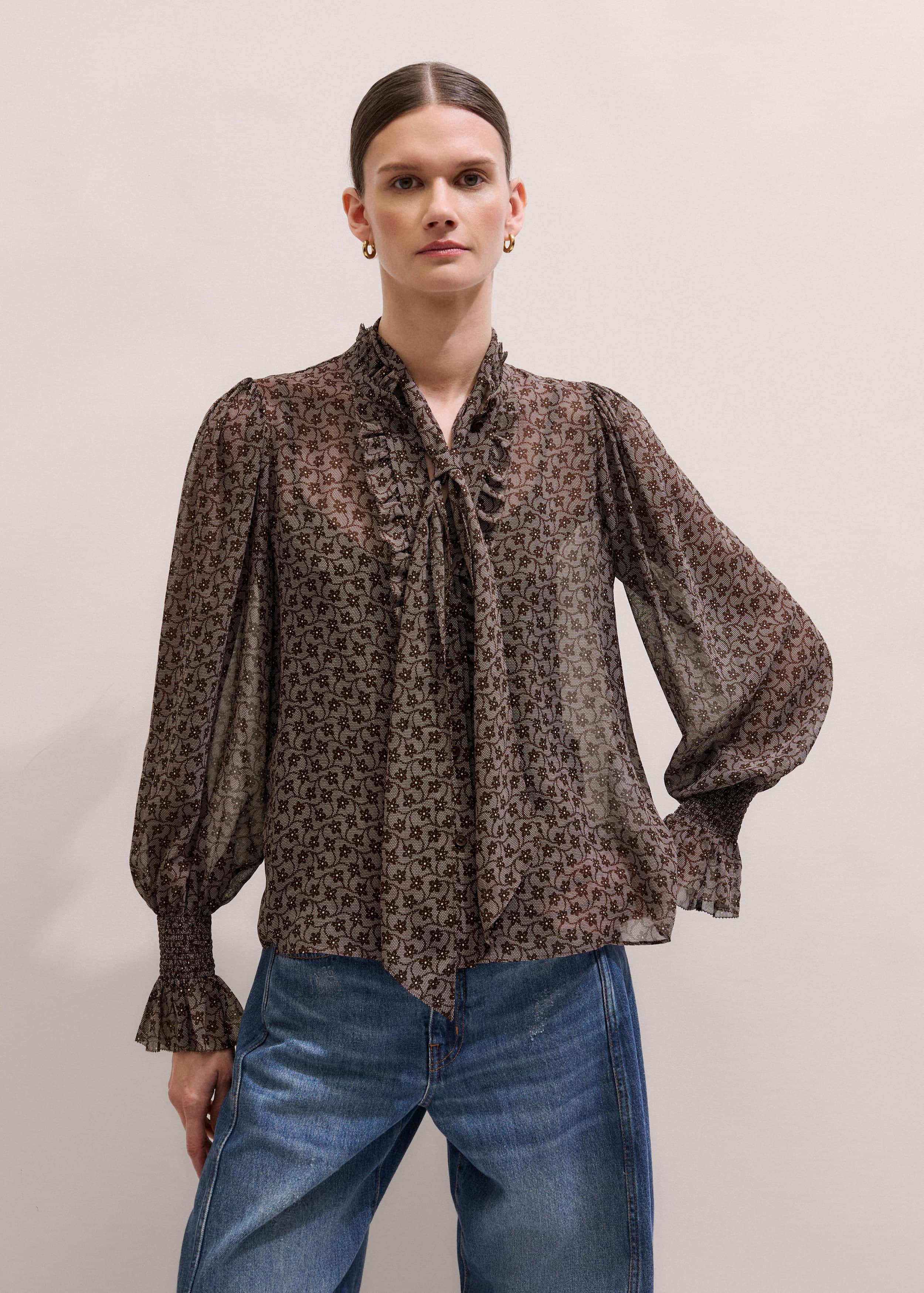 Brown Silk Lace Print Straight In-The-Details Blouse