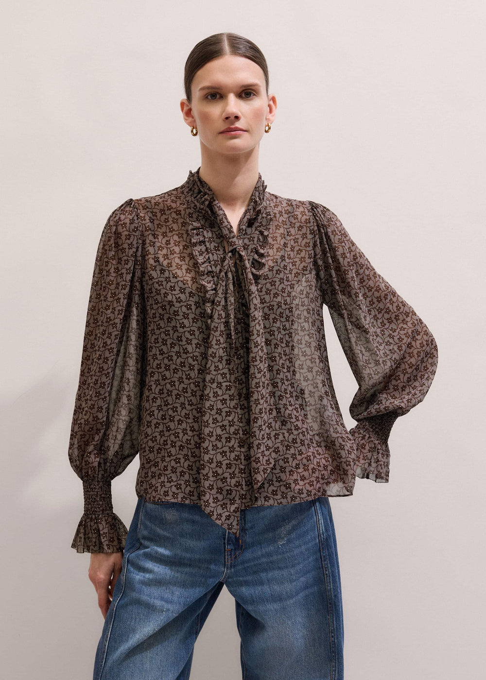Brown Silk Lace Print Straight In-The-Details Blouse