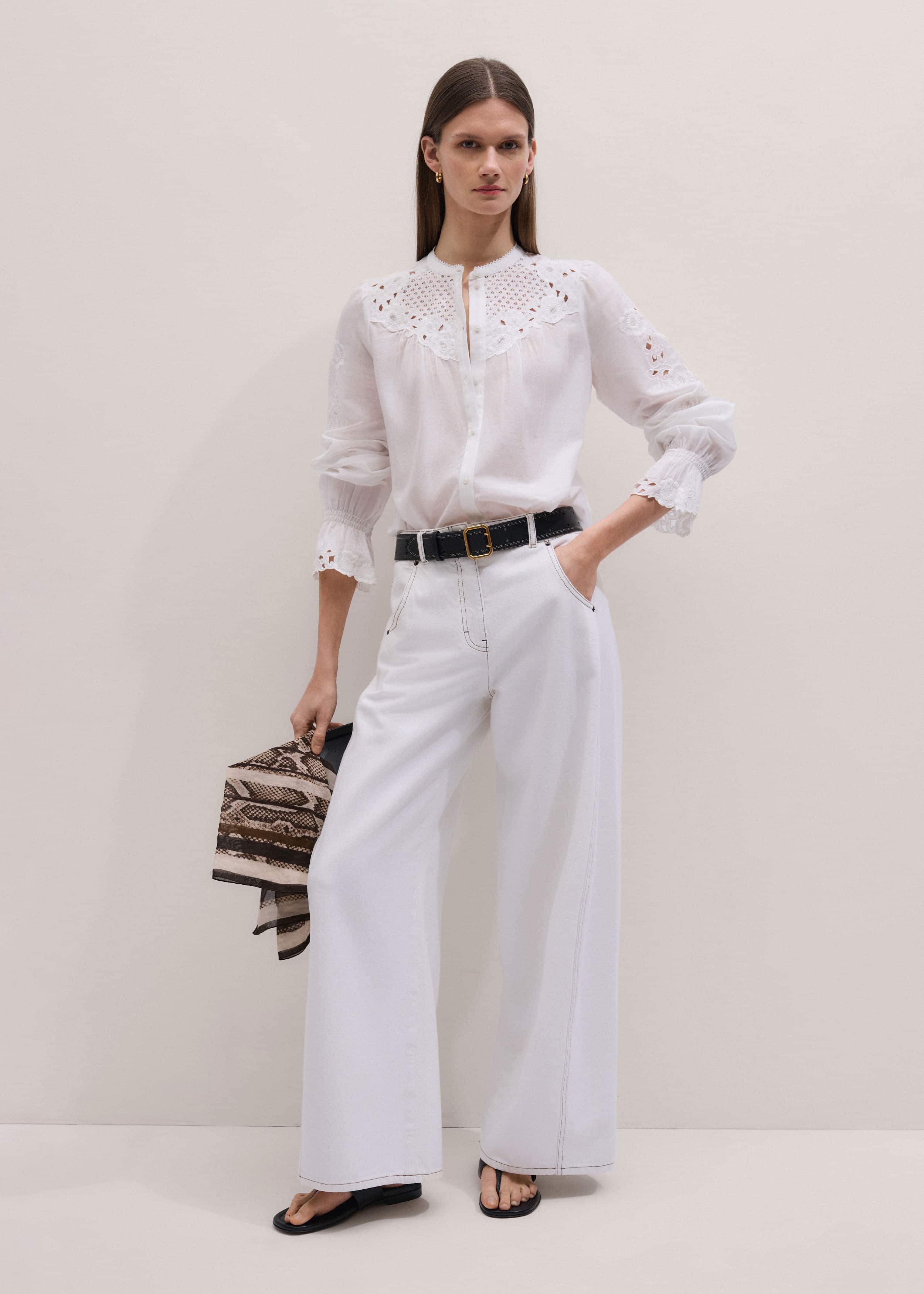 White Floral Embroidery Blouse
