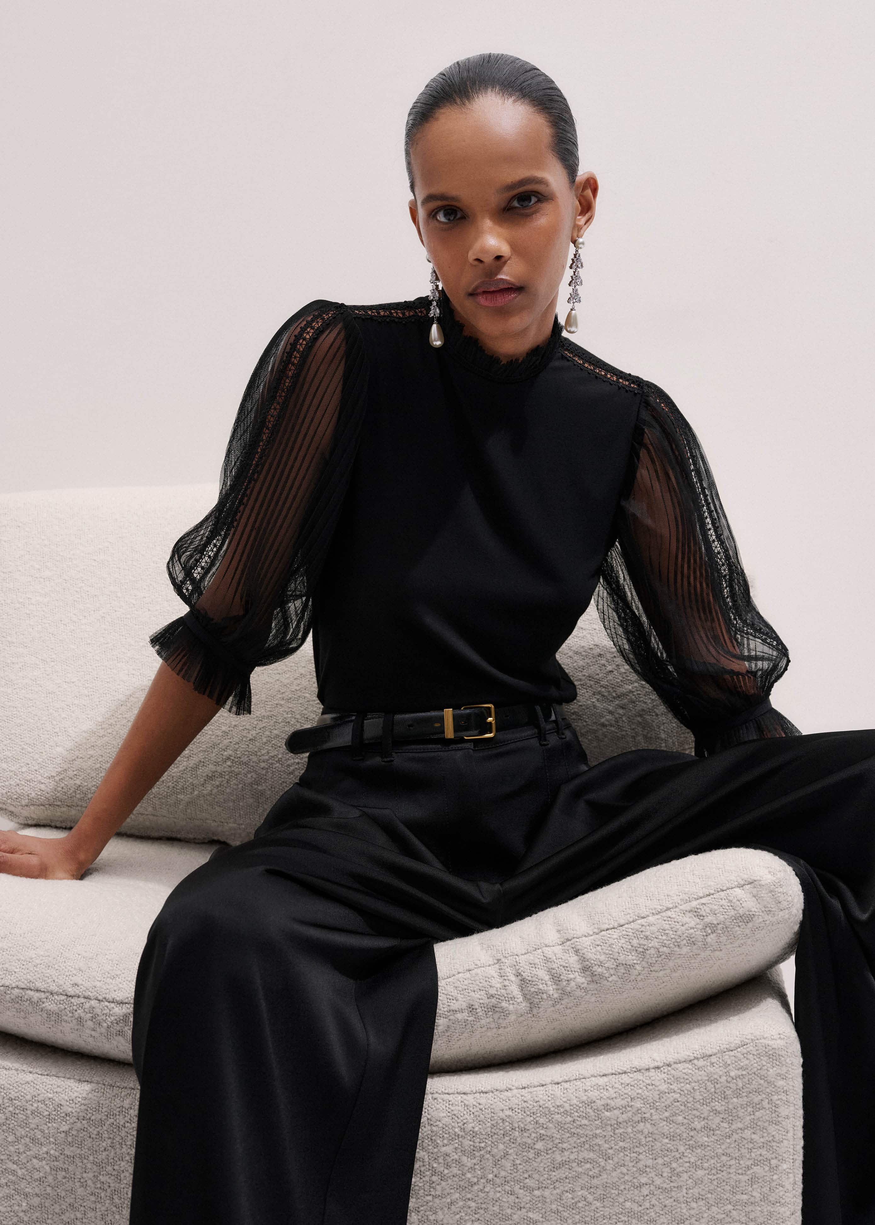 Black Lace Insert Tulle Layering Blouse