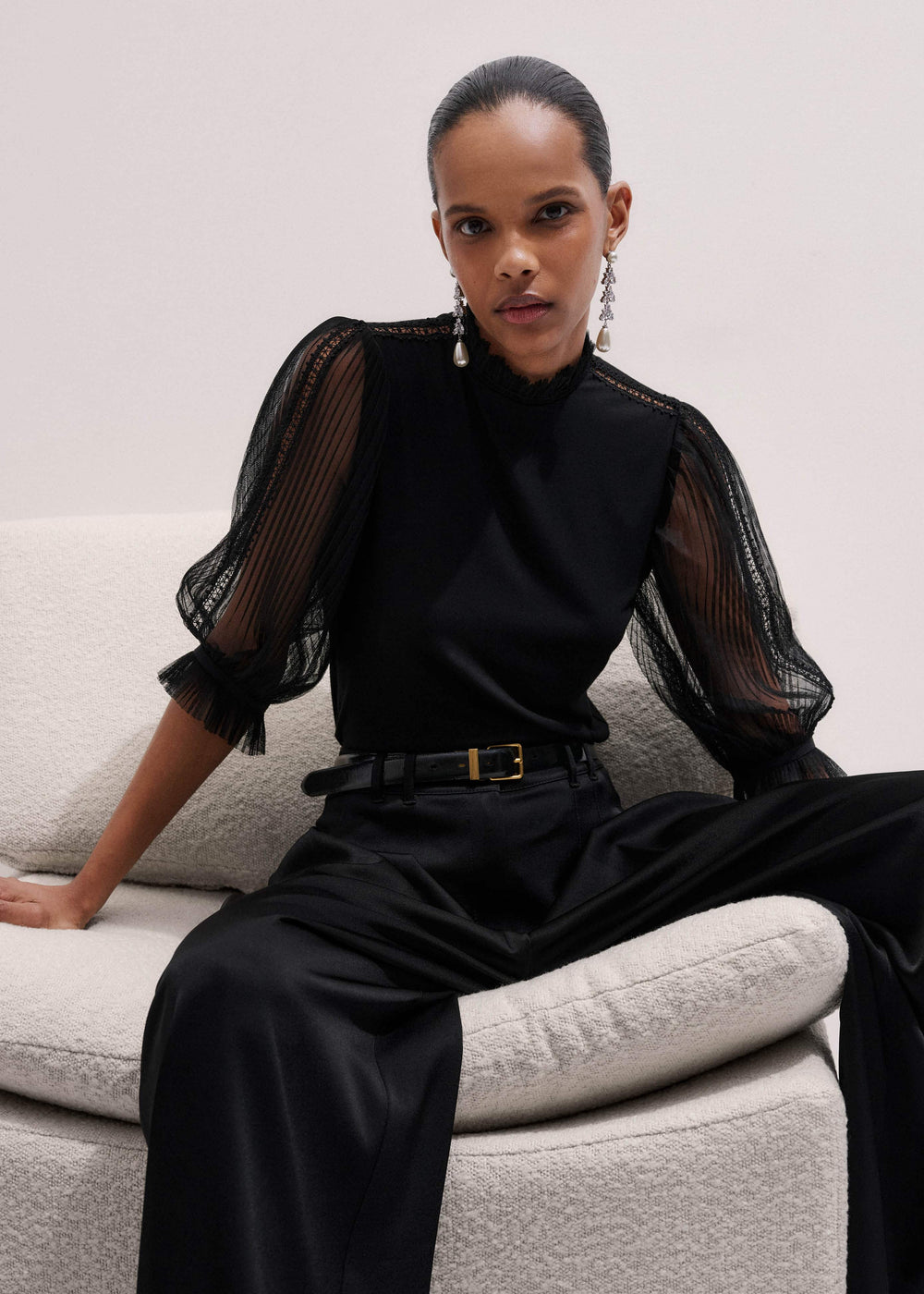Black Lace Insert Tulle Layering Blouse