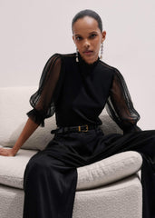 Black Lace Insert Tulle Layering Blouse