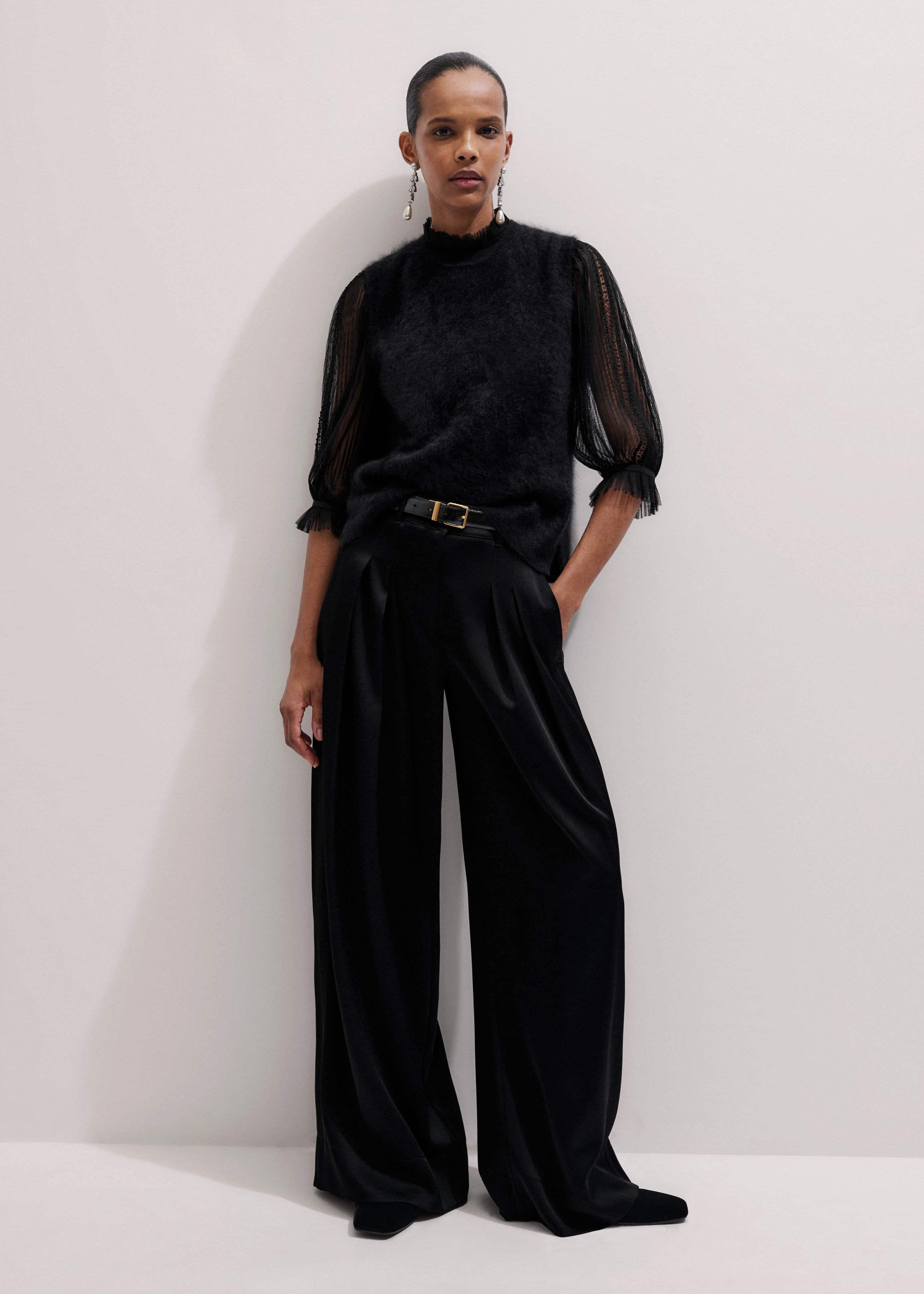 Black Lace Insert Tulle Layering Blouse