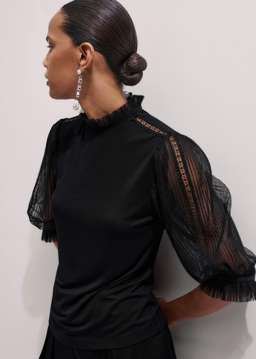 Black Lace Insert Tulle Layering Blouse