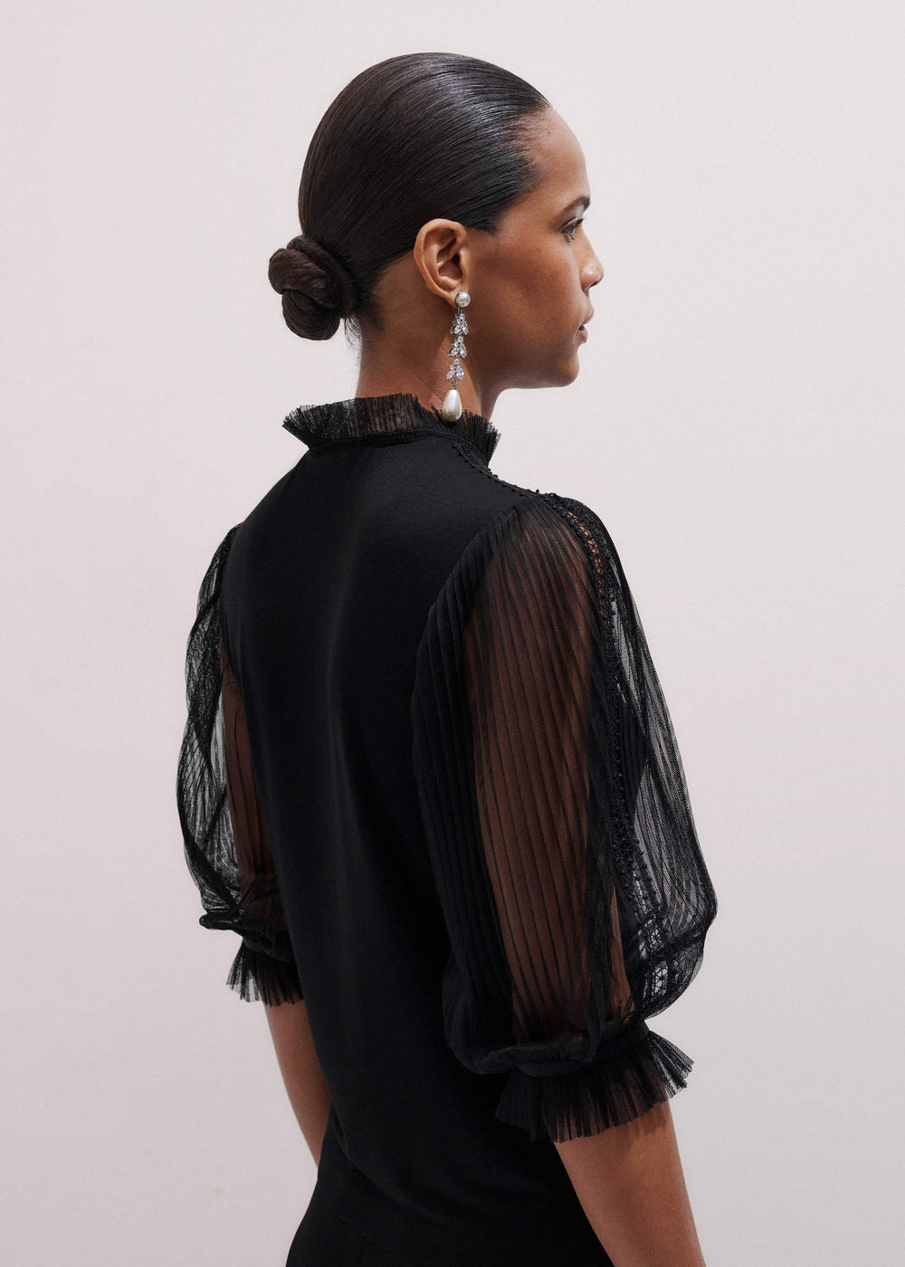 Black Lace Insert Tulle Layering Blouse