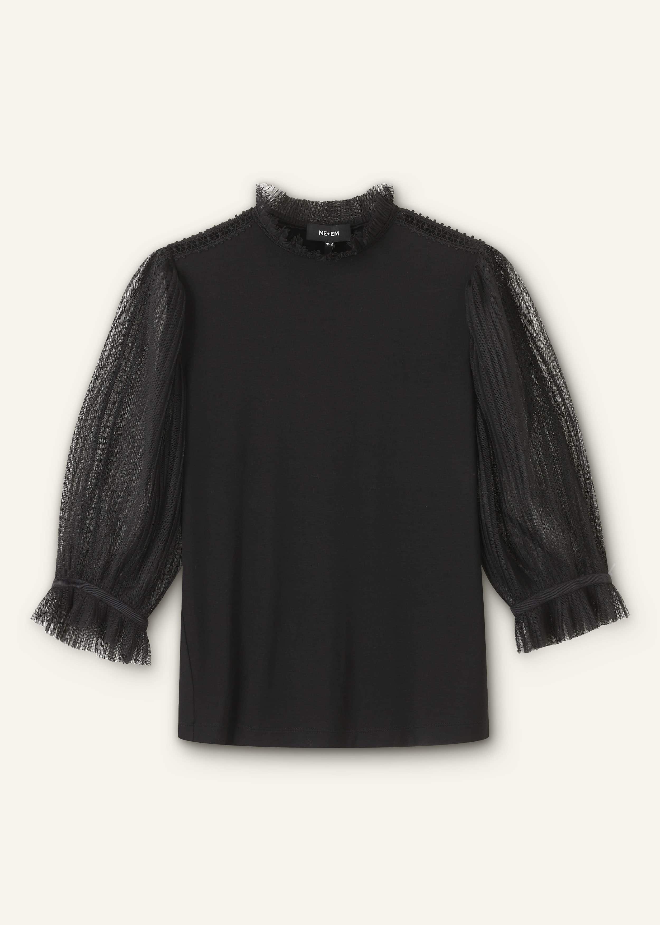 Black Lace Insert Tulle Layering Blouse