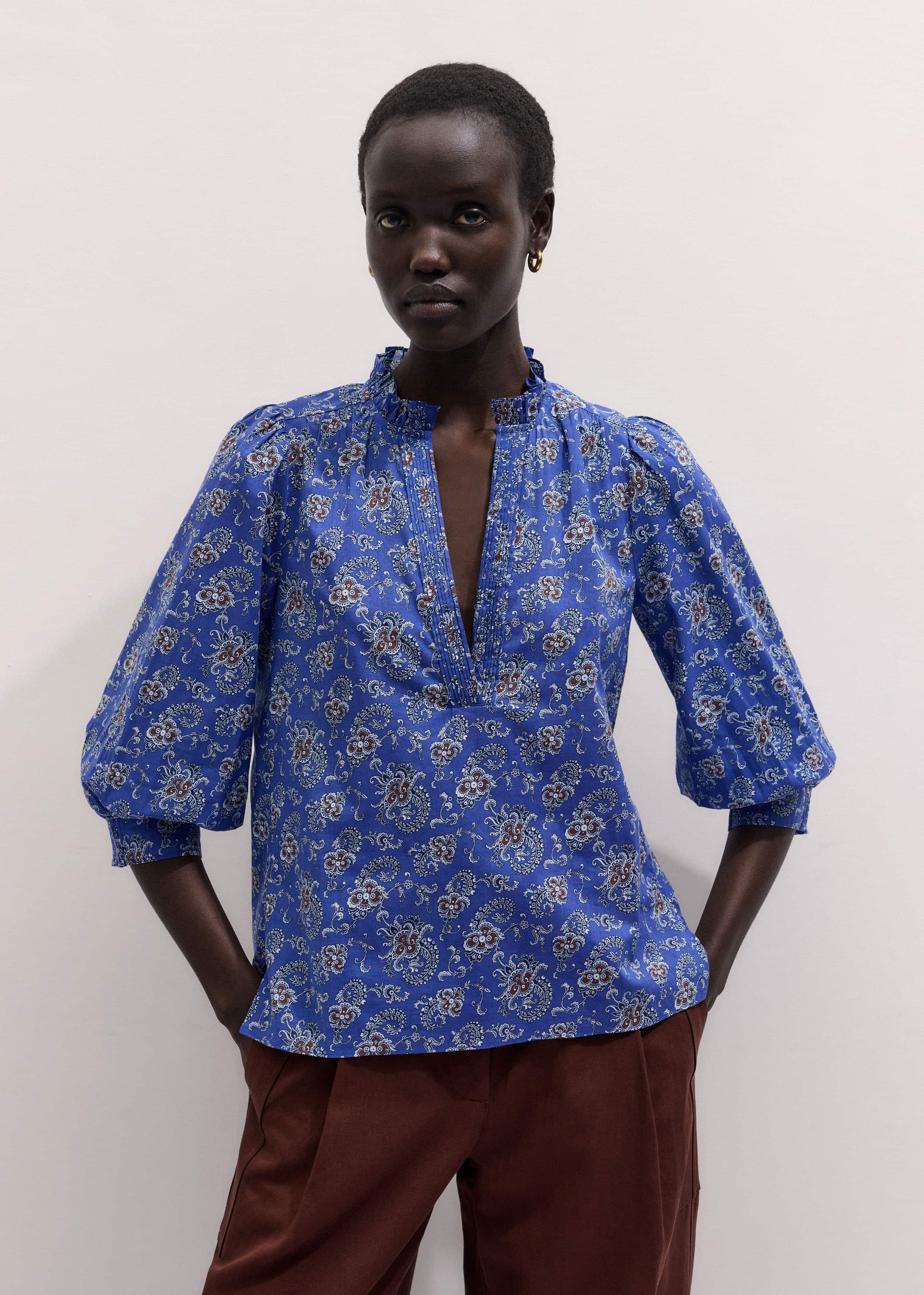Blue Paisley Print Straight Blouse