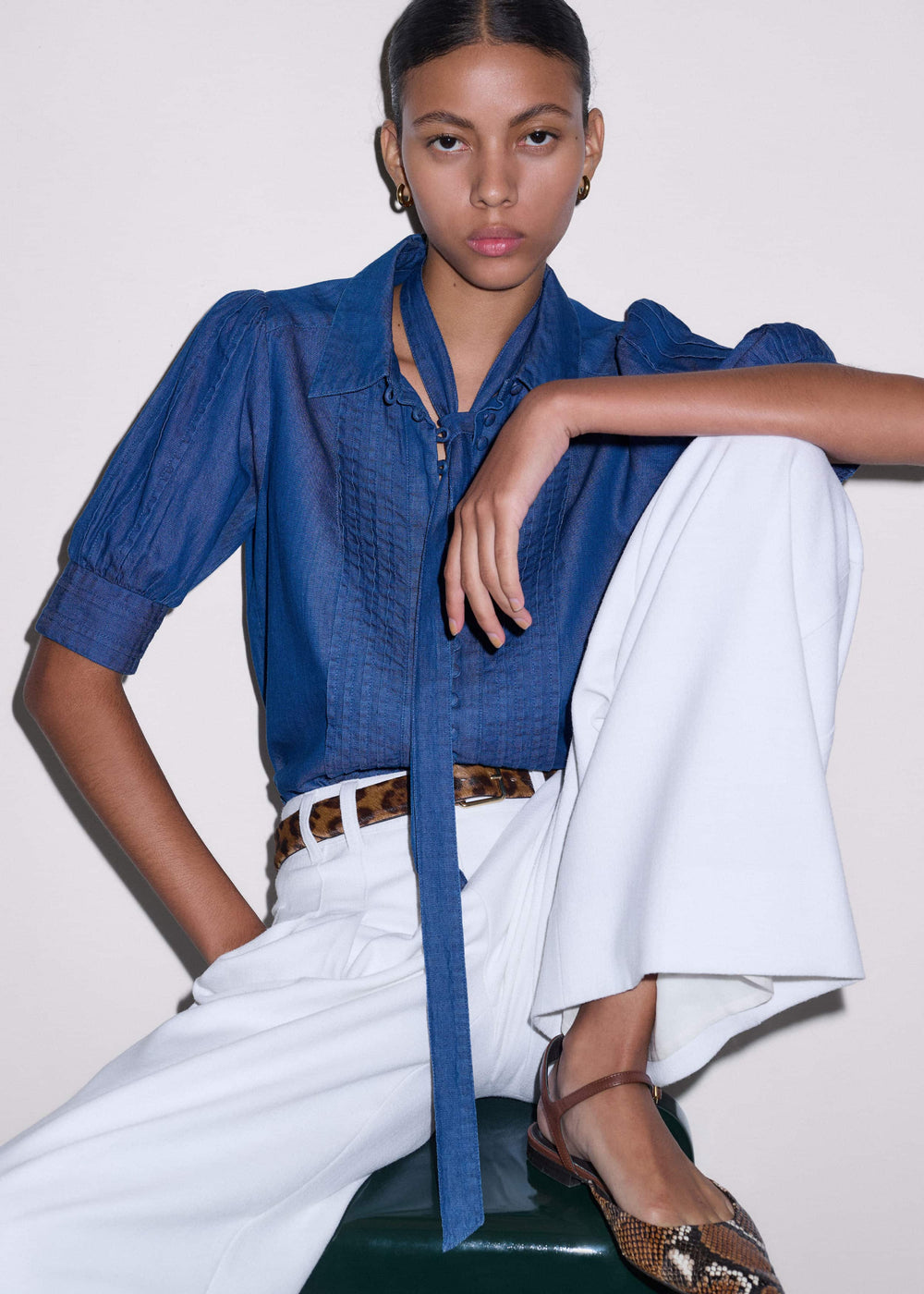 Blue Chambray Pintucked Short Sleeve Blouse + Tie