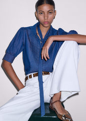 Blue Chambray Pintucked Short Sleeve Blouse + Tie