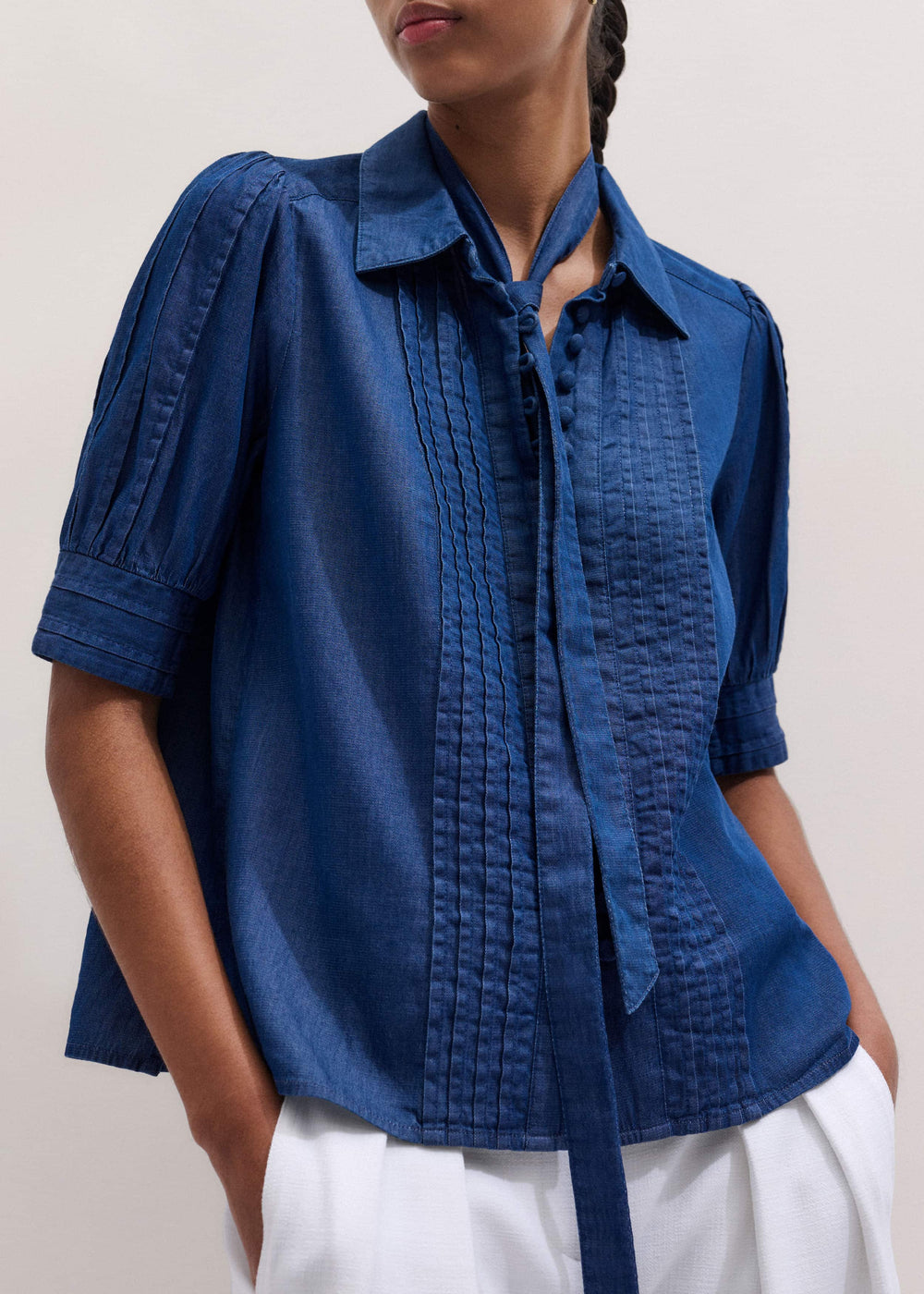 Blue Chambray Pintucked Short Sleeve Blouse + Tie