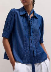 Blue Chambray Pintucked Short Sleeve Blouse + Tie