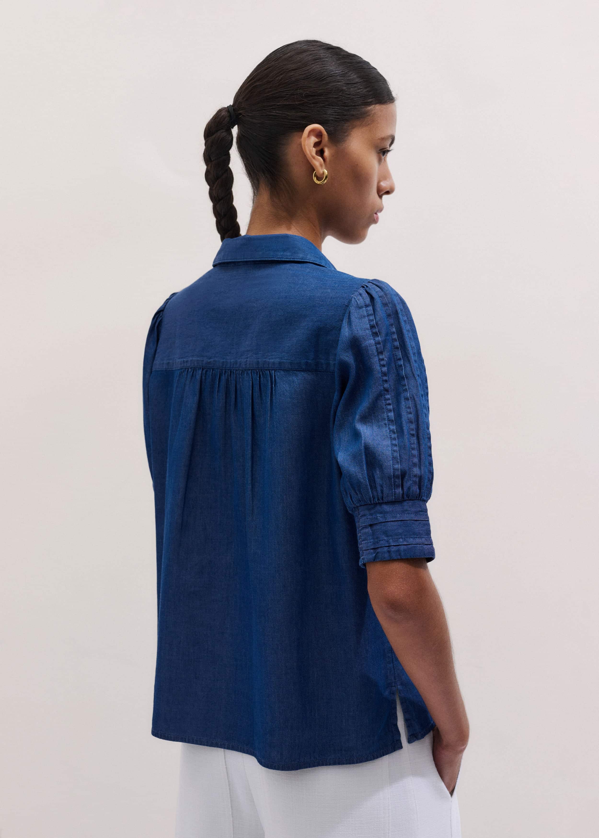 Blue Chambray Pintucked Short Sleeve Blouse + Tie