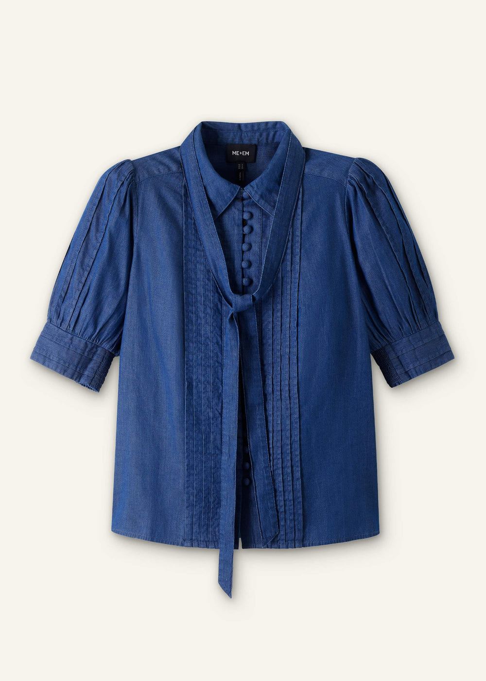 Blue Chambray Pintucked Short Sleeve Blouse + Tie