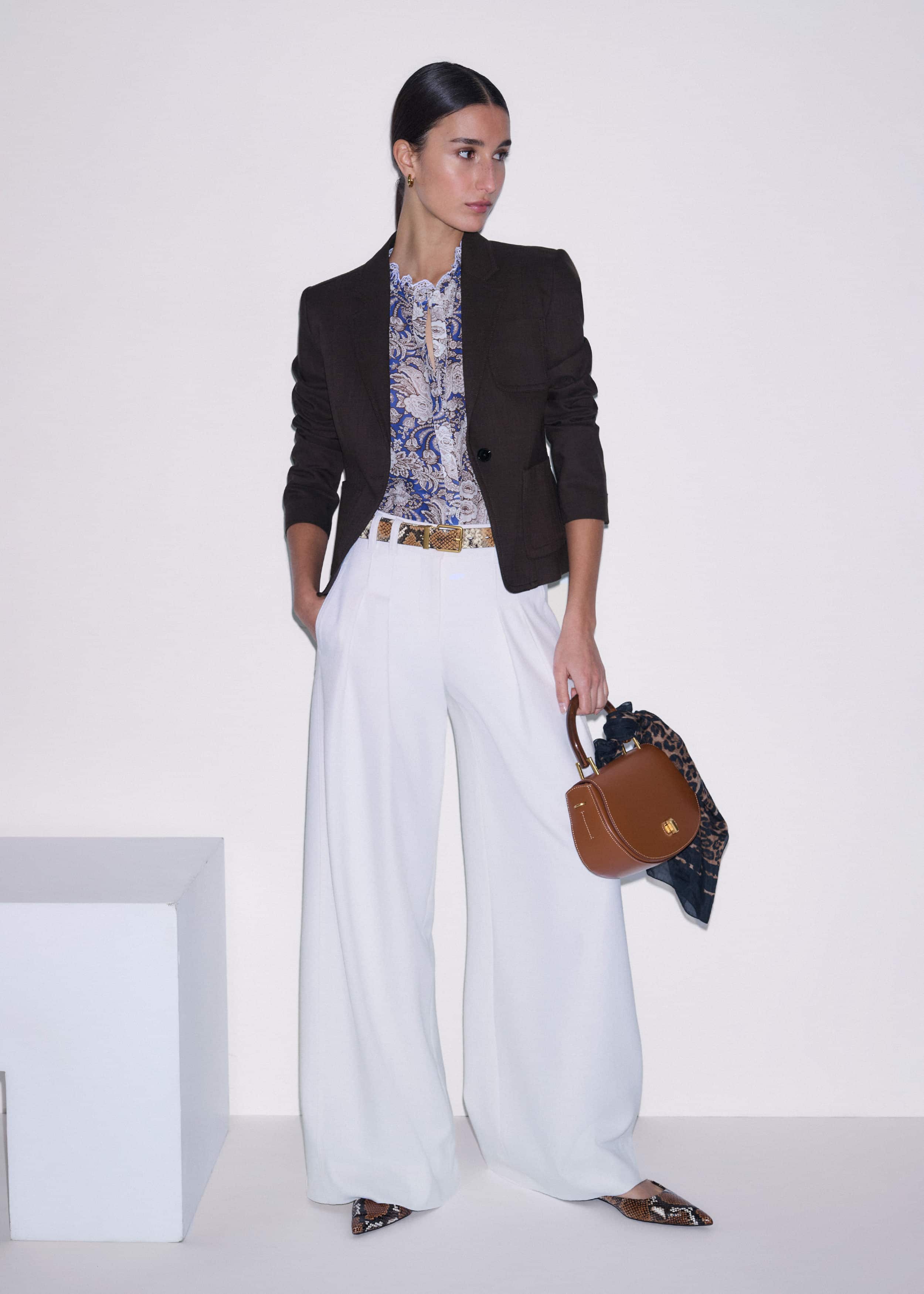 Blue Elaborate Botanical Print Ruffle Straight Blouse