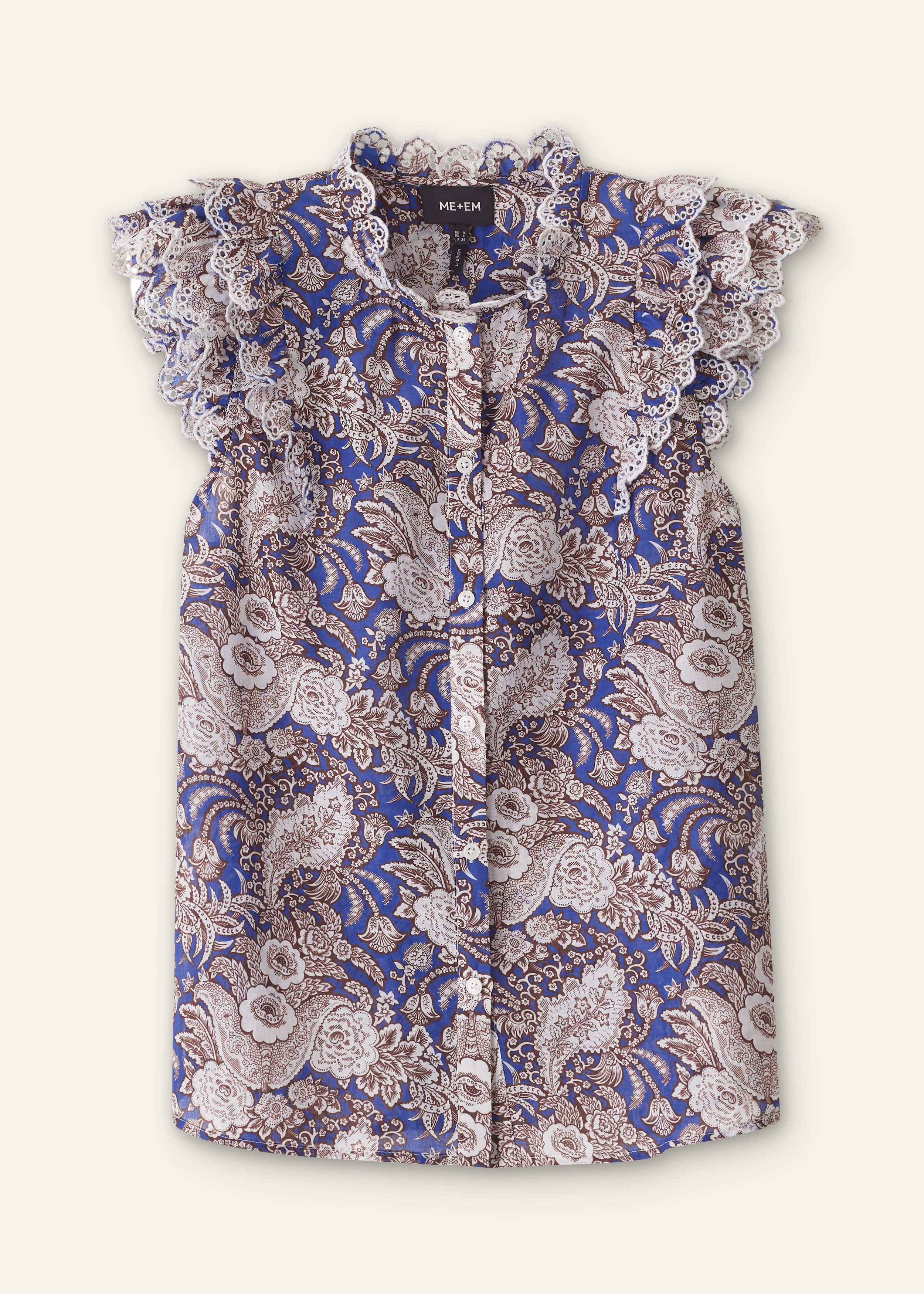 Blue Elaborate Botanical Print Ruffle Straight Blouse