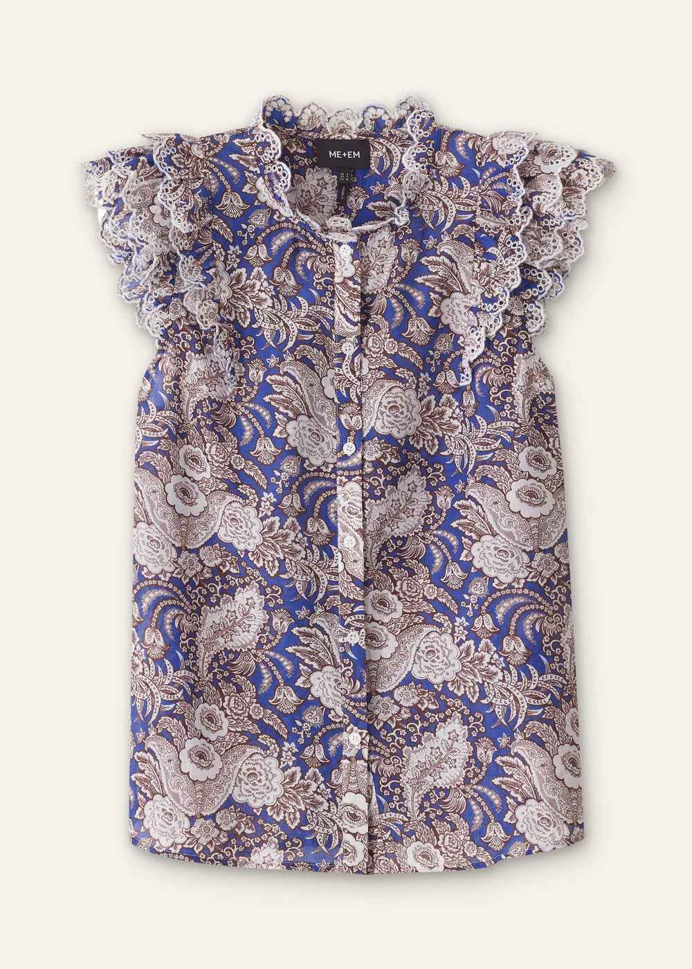 Blue Elaborate Botanical Print Ruffle Straight Blouse