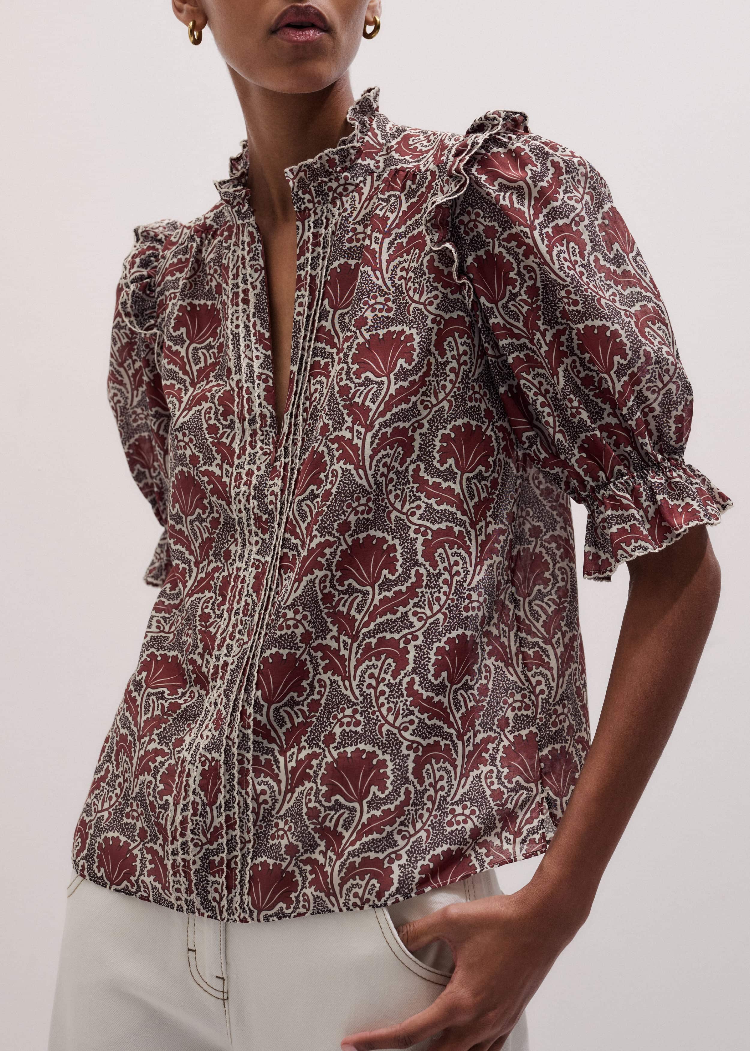 Brown Silk Cotton Rising Wildflower Print Blouse