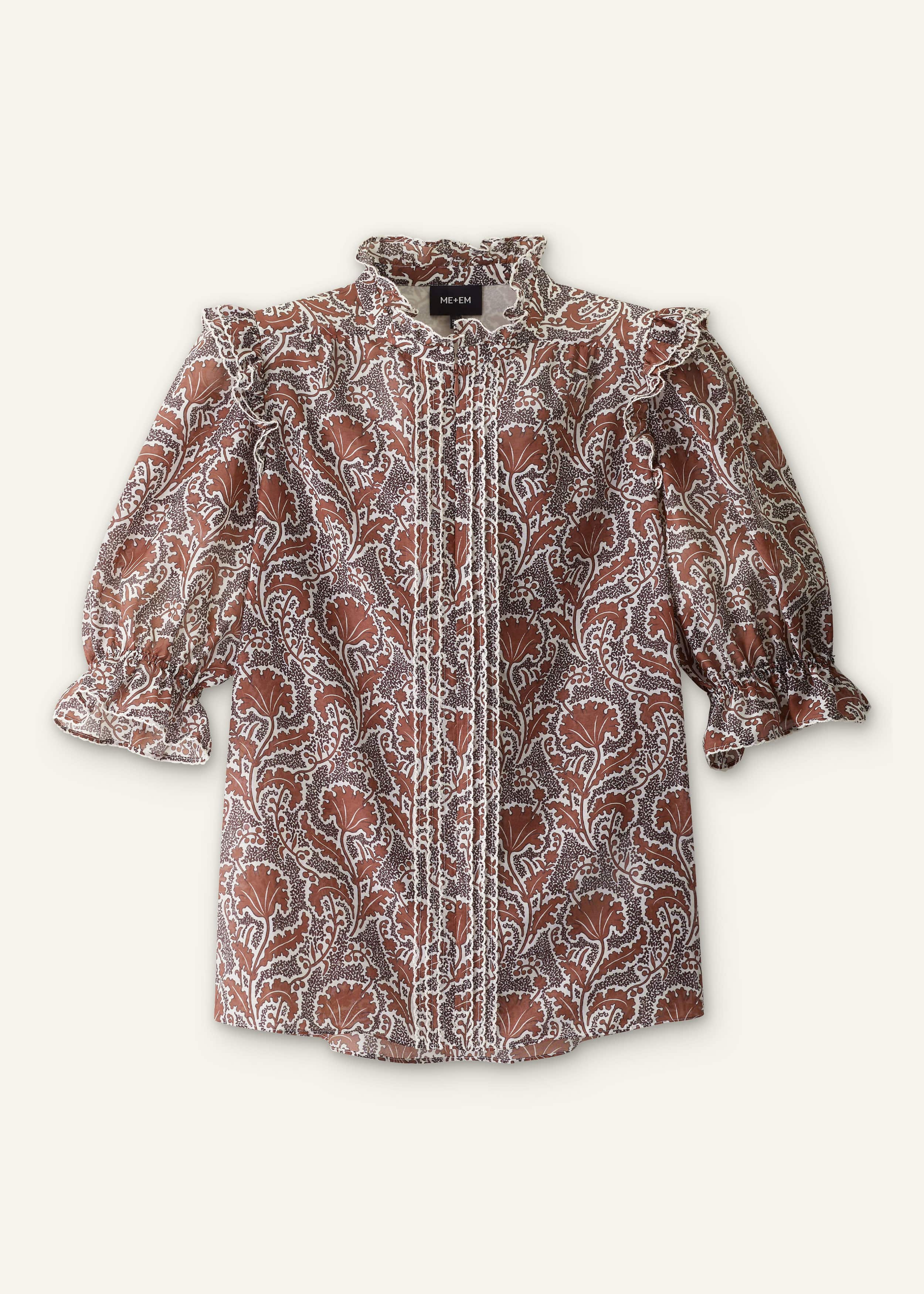 Brown Silk Cotton Rising Wildflower Print Blouse