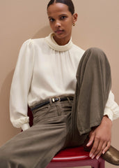 Cream Silk High Neck Slim Cut Blouse