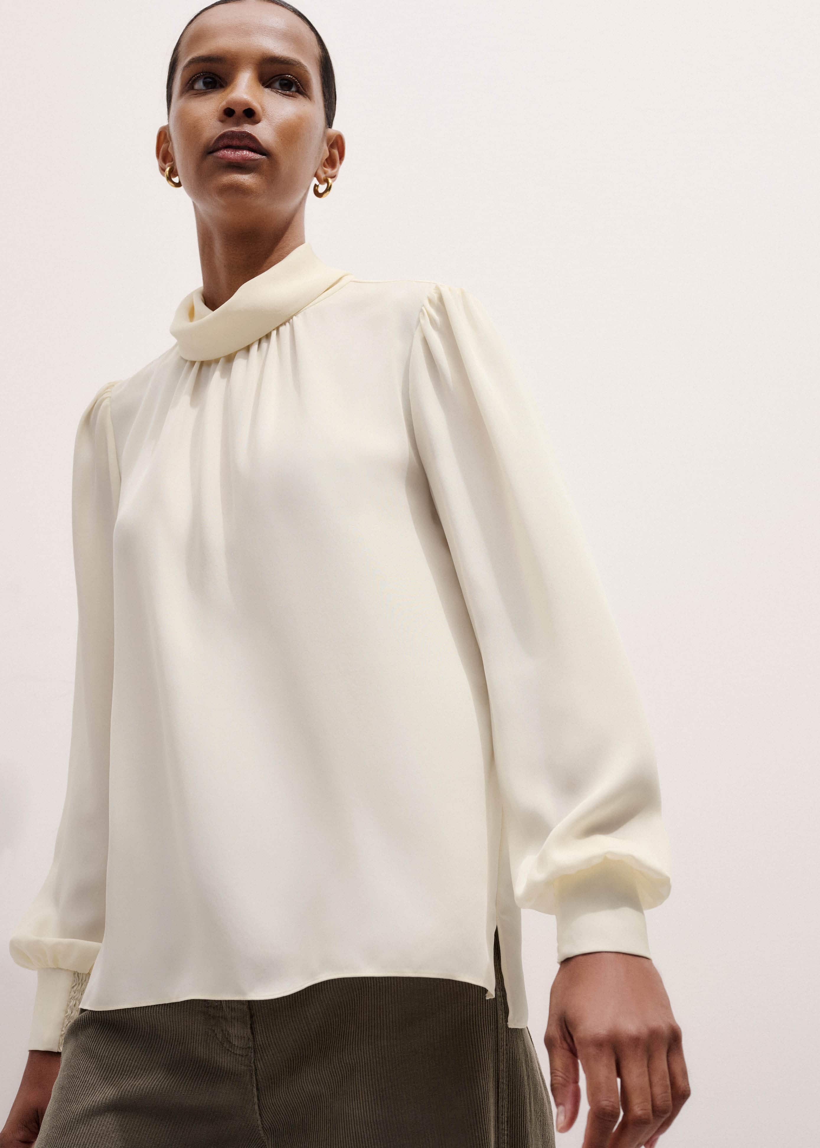 Cream Silk High Neck Slim Cut Blouse