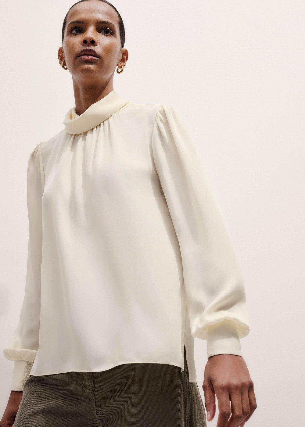Cream Silk High Neck Slim Cut Blouse