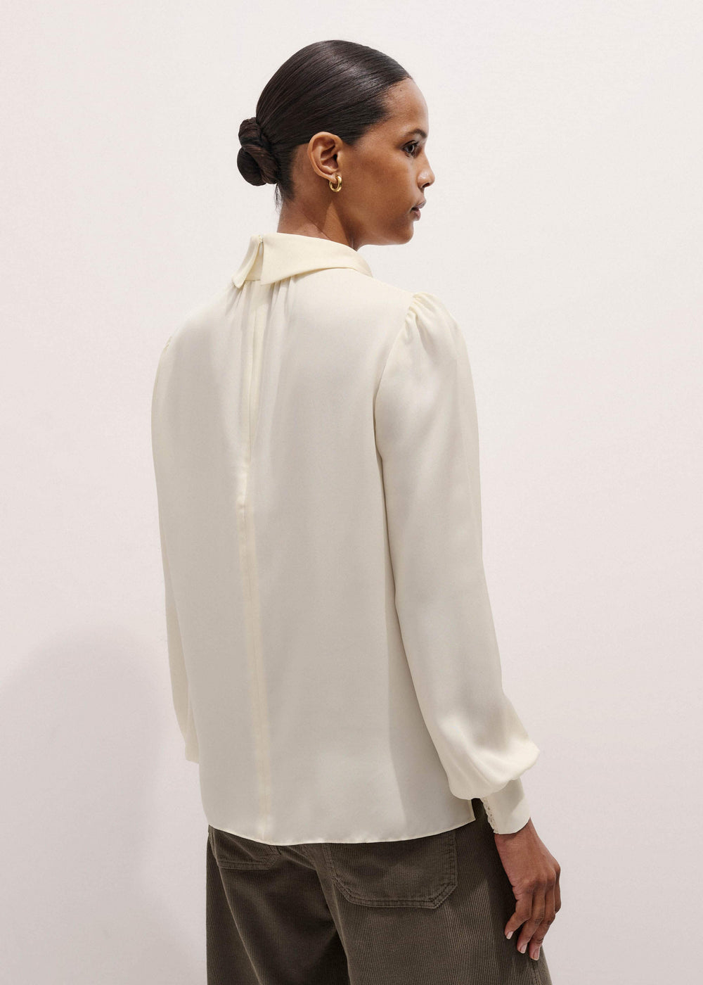 Cream Silk High Neck Slim Cut Blouse
