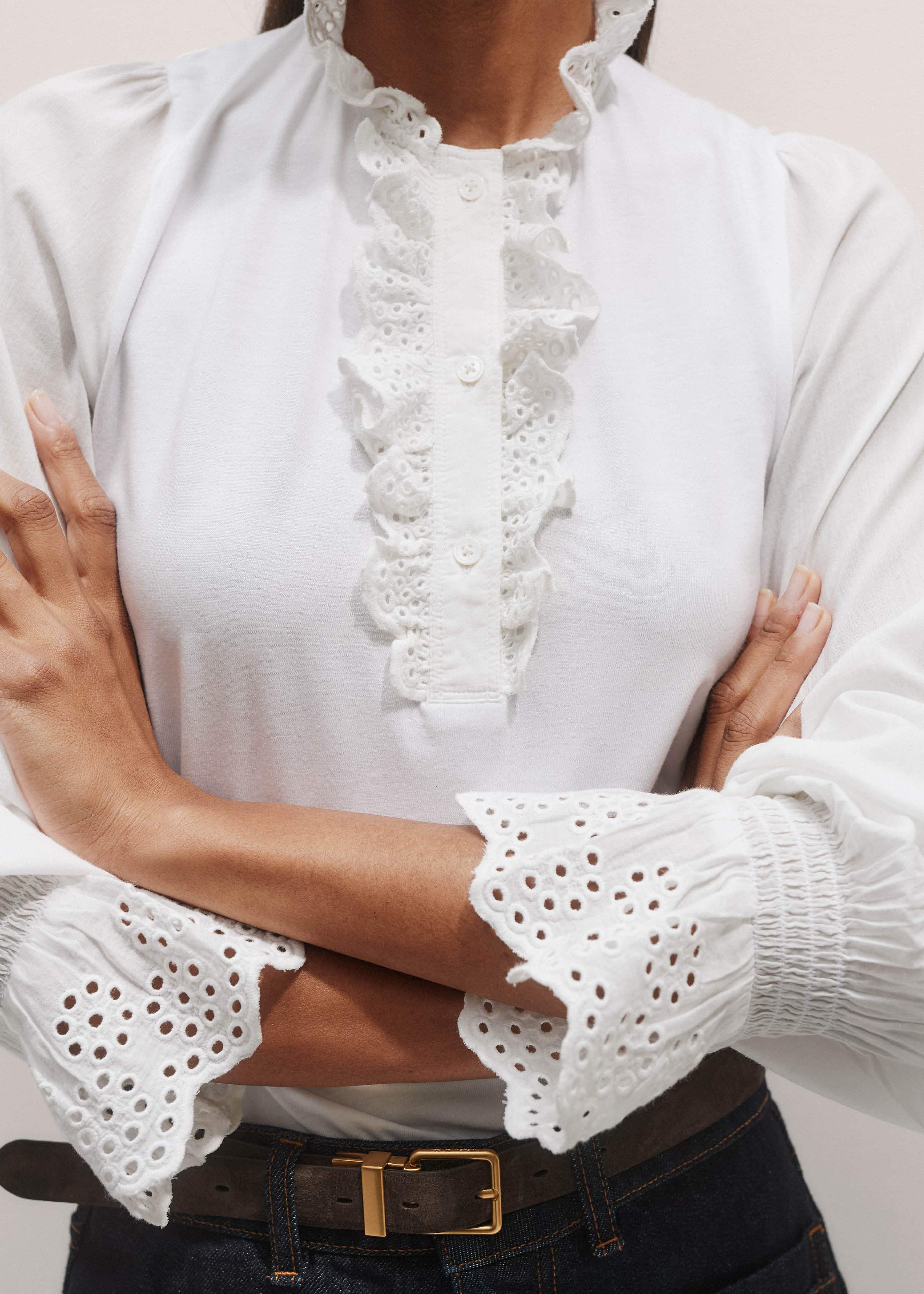 White Cotton Voile Broderie Layering Blouse