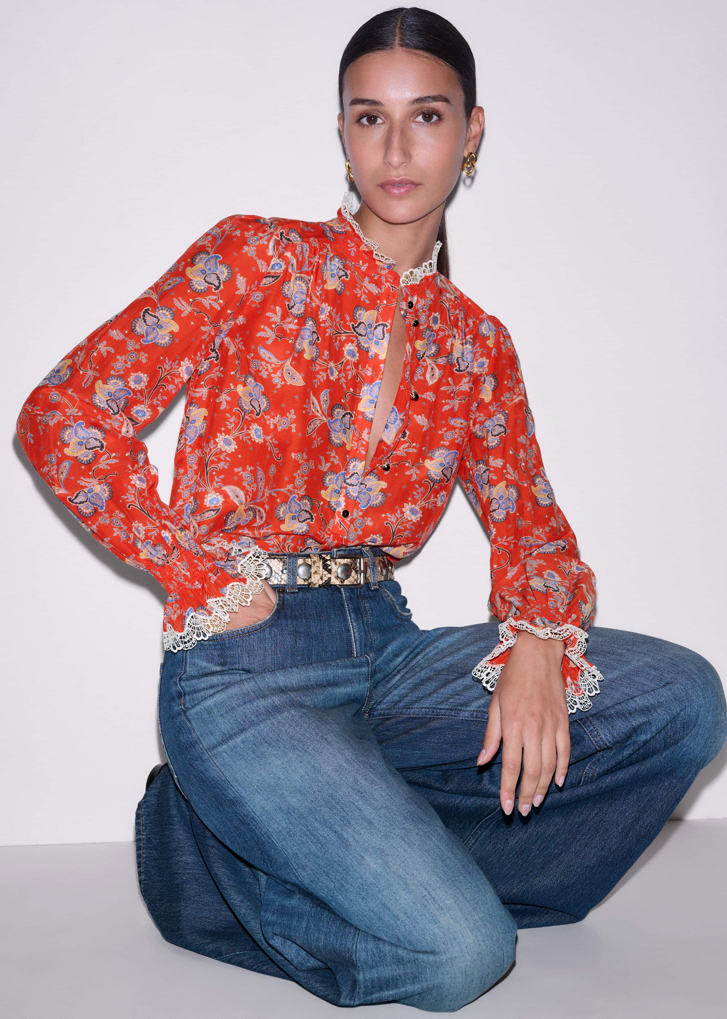 Orange Ornate Floral Paisley Print Blouse