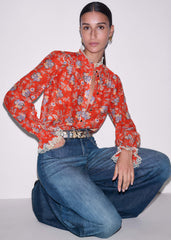 Orange Ornate Floral Paisley Print Blouse