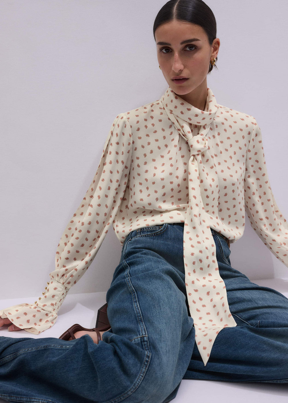 Cream Silk Spaced Paisley Print Statement Sleeve Blouse + Tie