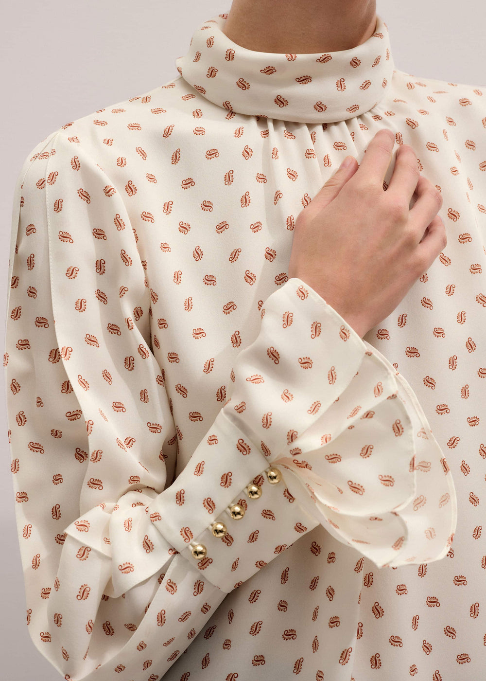 Cream Silk Spaced Paisley Print Statement Sleeve Blouse + Tie