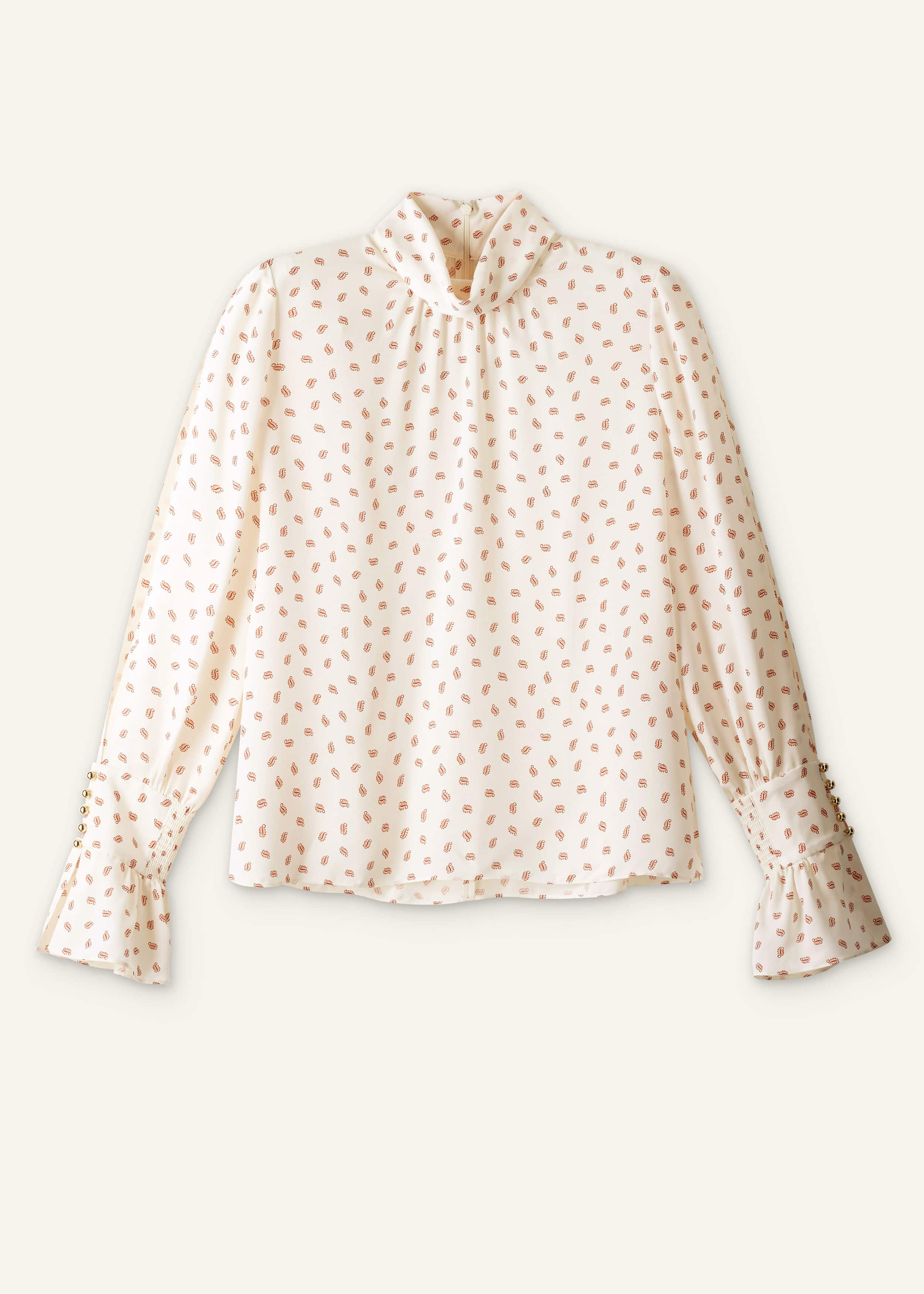 Cream Silk Spaced Paisley Print Statement Sleeve Blouse + Tie