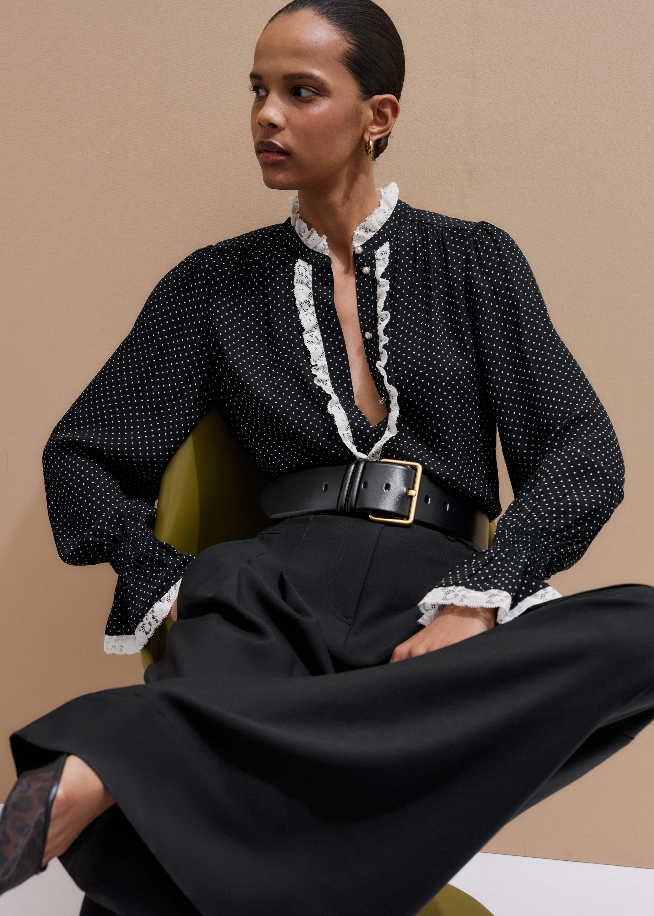 Black Micro Polka Dot And Lace Blouse