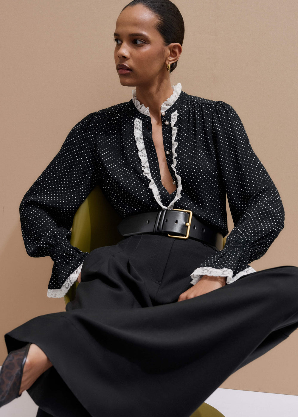Black Micro Polka Dot And Lace Blouse