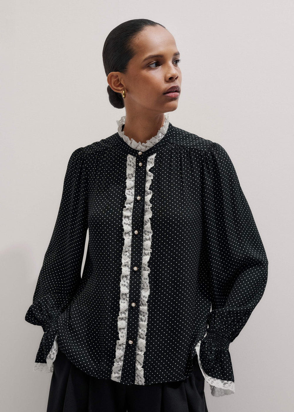 Black Micro Polka Dot And Lace Blouse