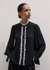Black Micro Polka Dot And Lace Blouse