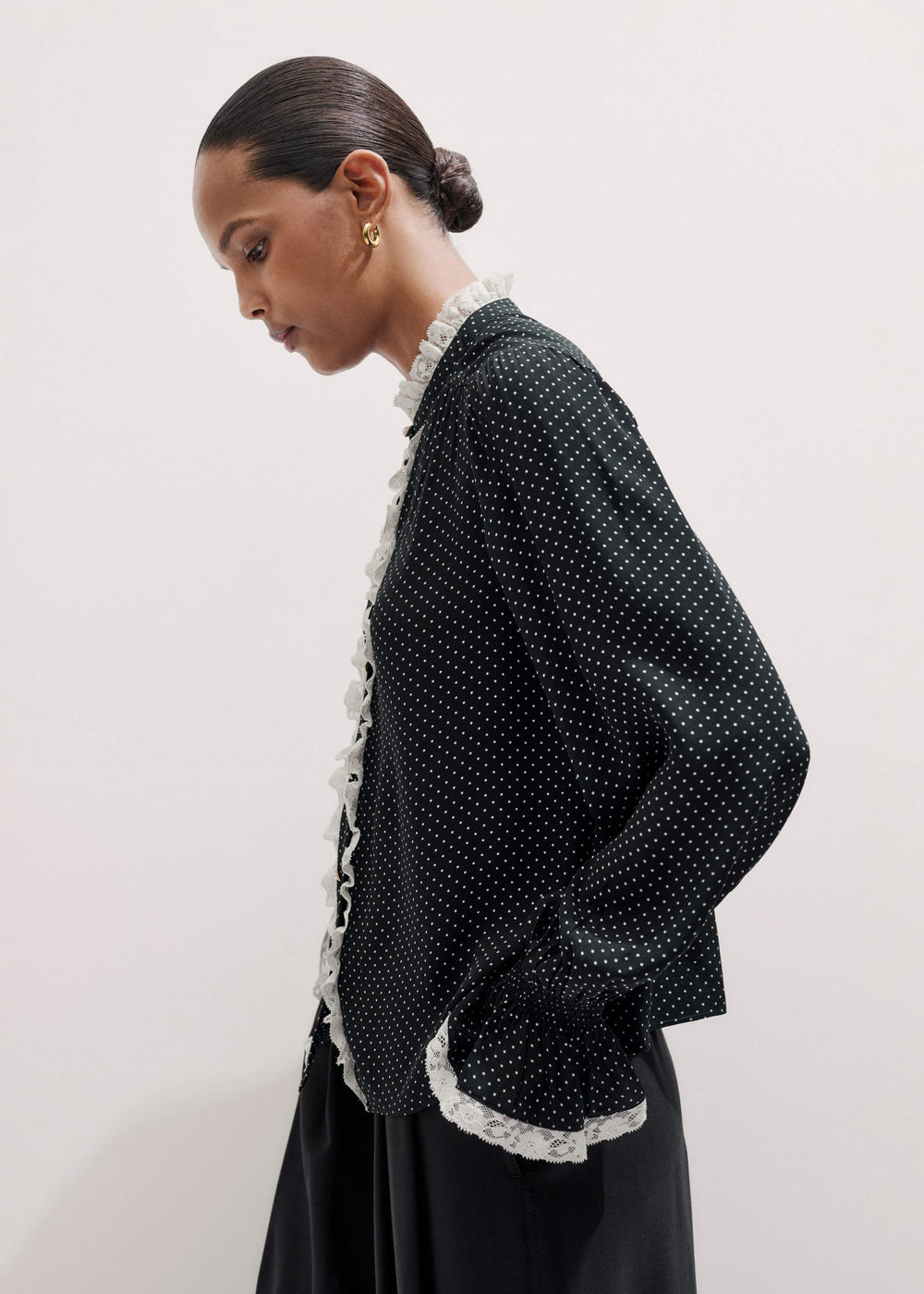 Black Micro Polka Dot And Lace Blouse