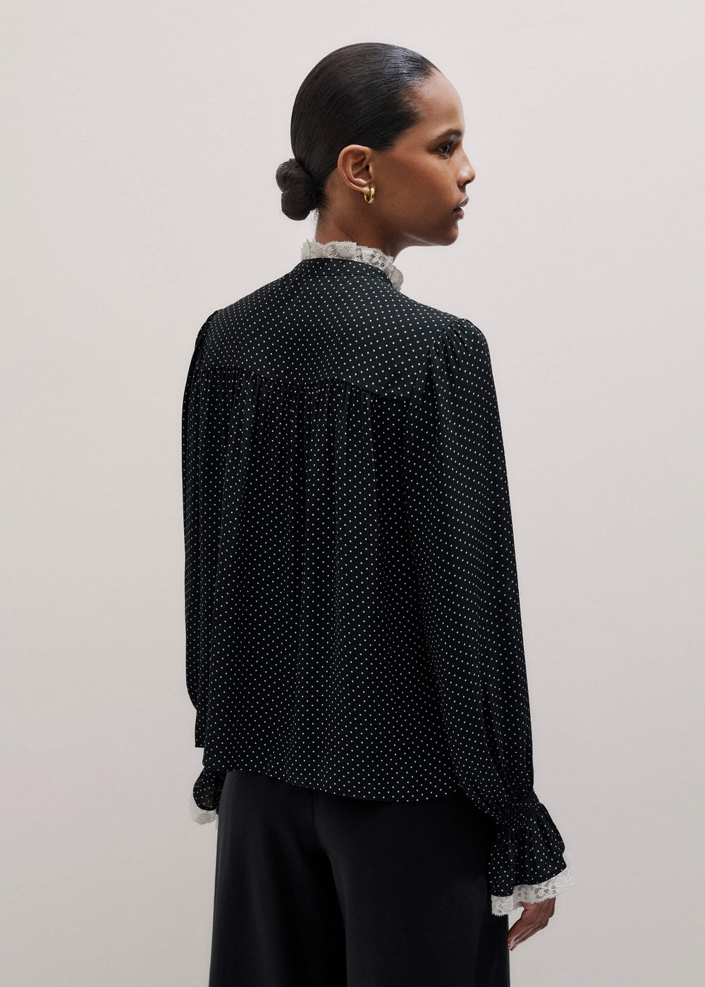 Black Micro Polka Dot And Lace Blouse