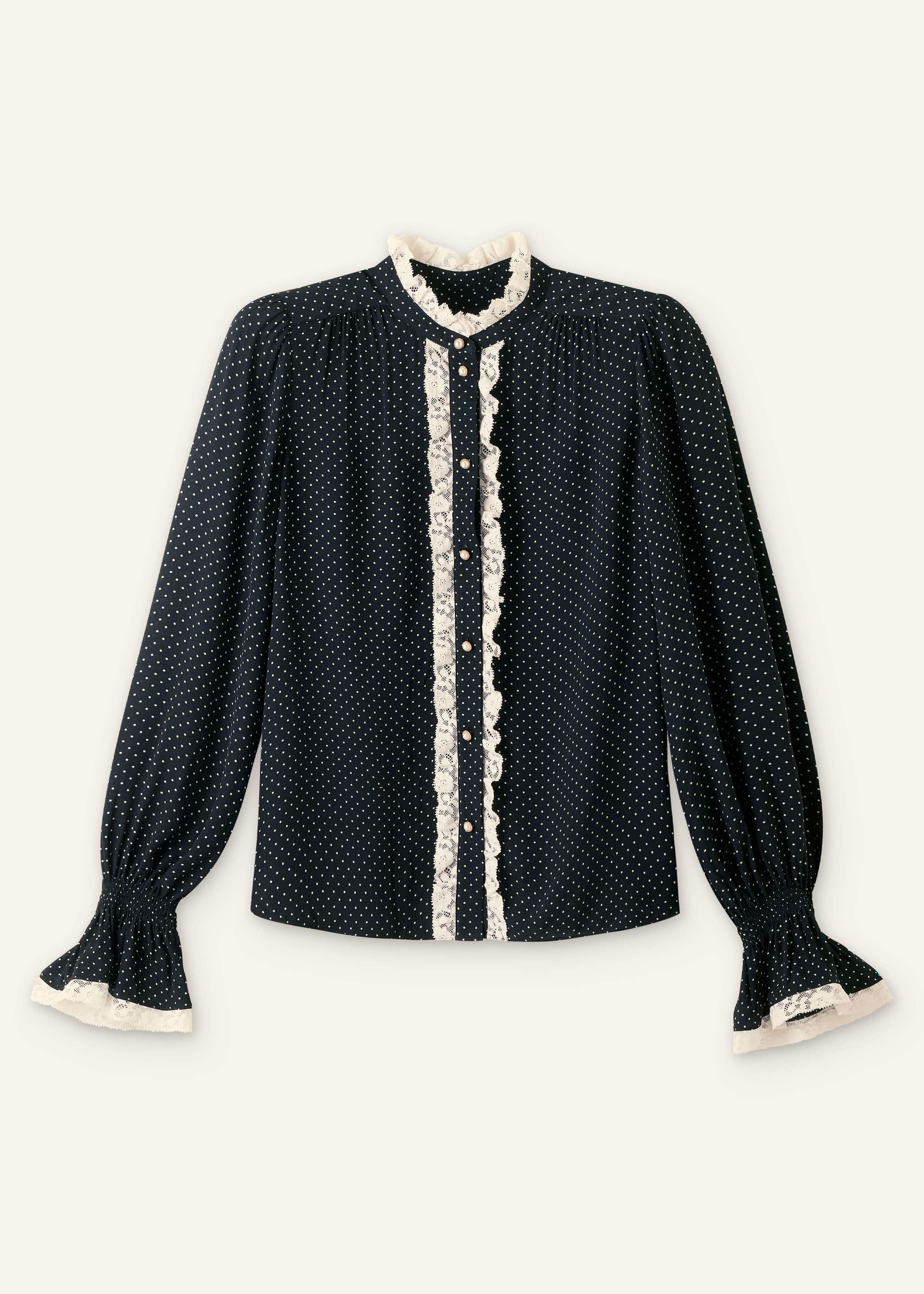 Black Micro Polka Dot And Lace Blouse