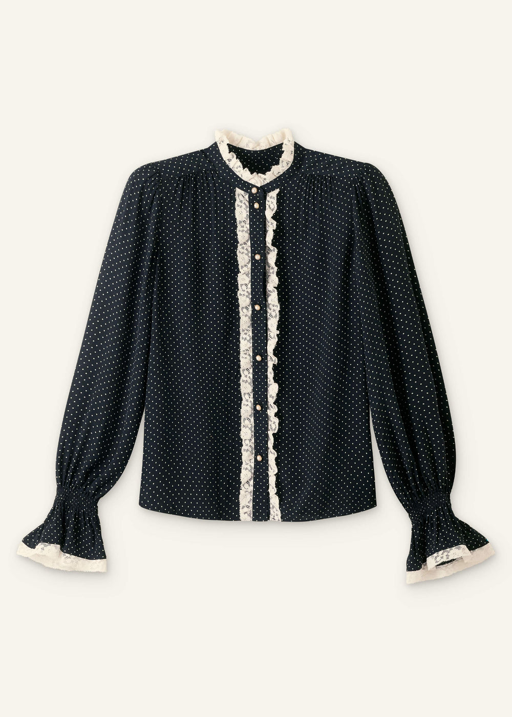 Black Micro Polka Dot And Lace Blouse