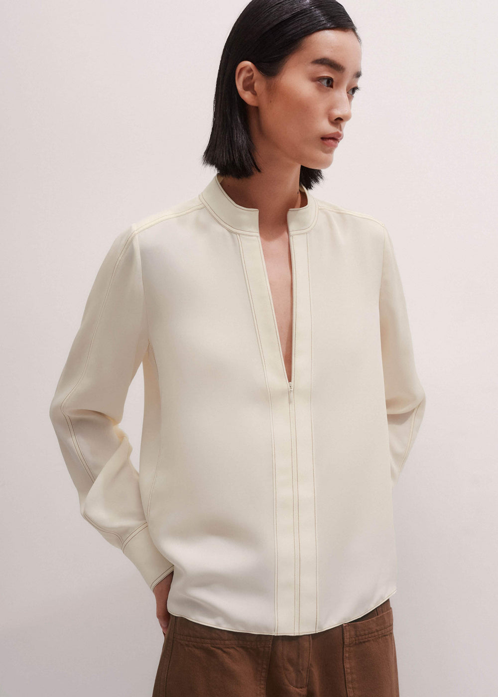 Cream High Neck Blouse + Tie