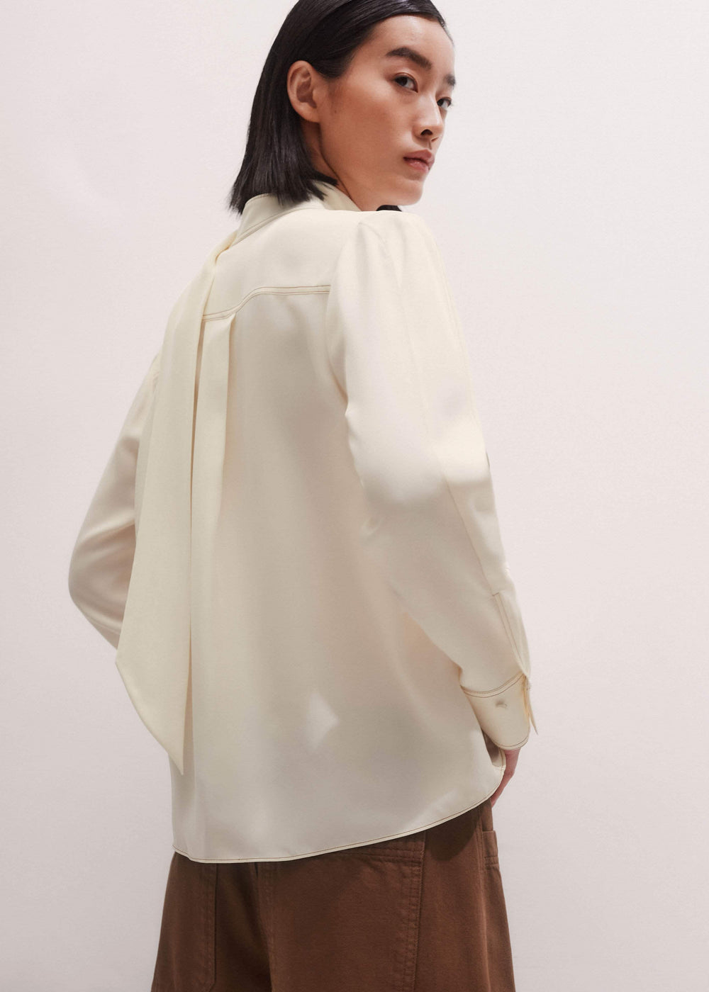 Cream High Neck Blouse + Tie