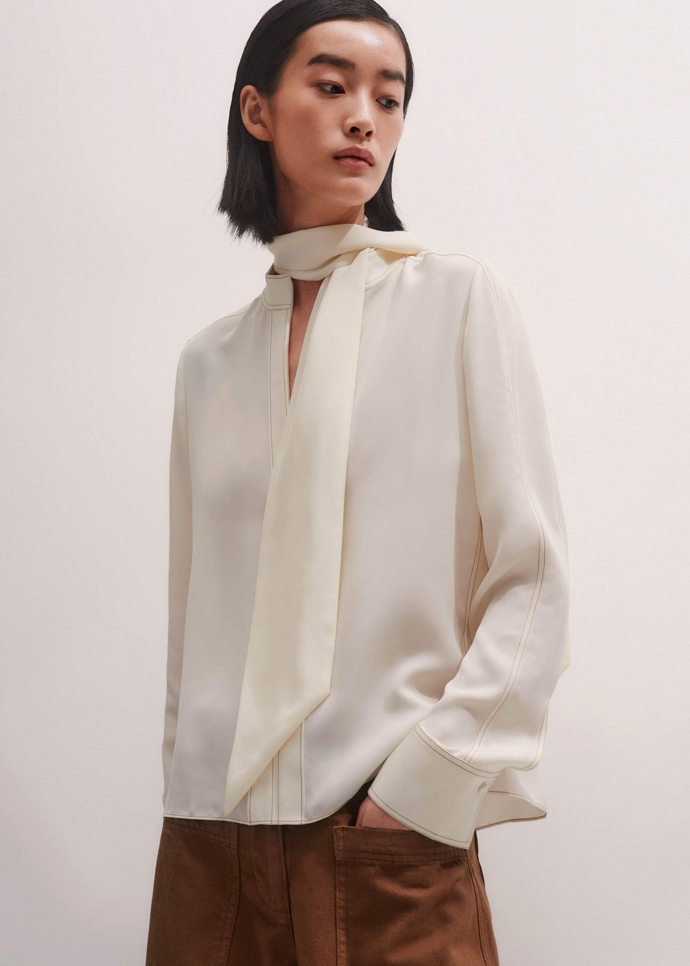 Cream High Neck Blouse + Tie