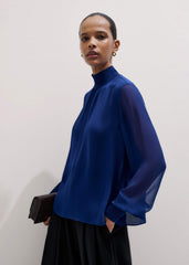Blue Silk Chic Rib Straight Blouse