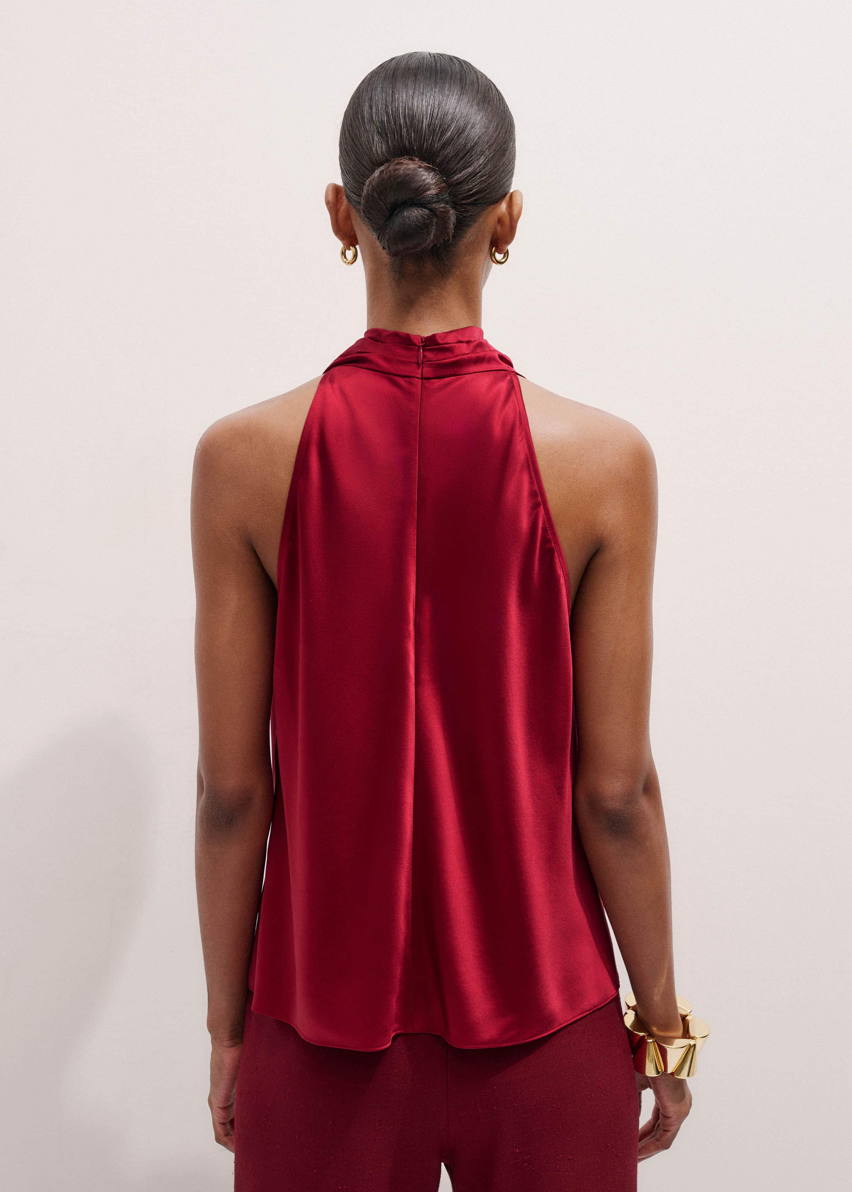 Red Silk Satin Halterneck Sleeveless Top