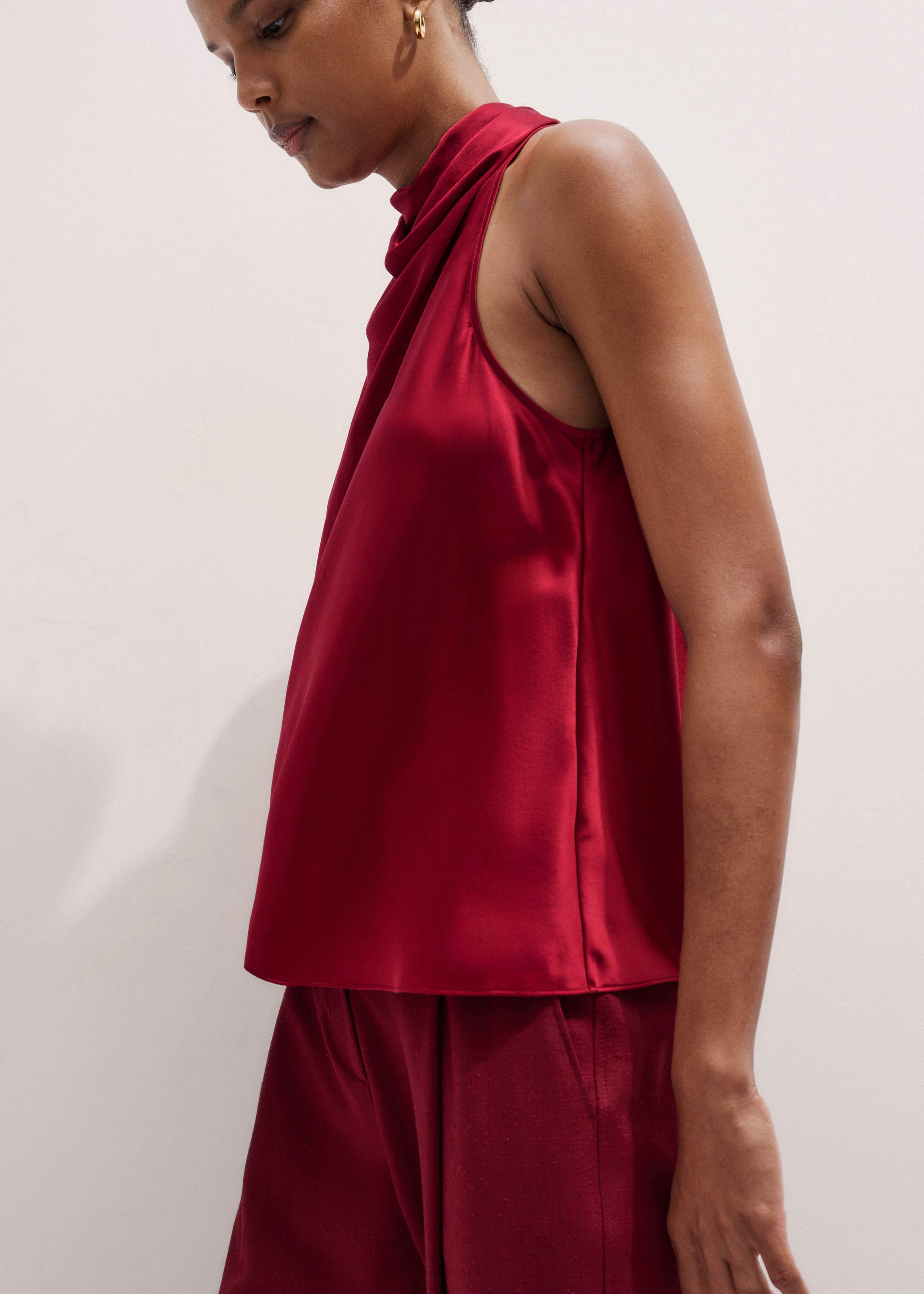 Red Silk Satin Halterneck Sleeveless Top