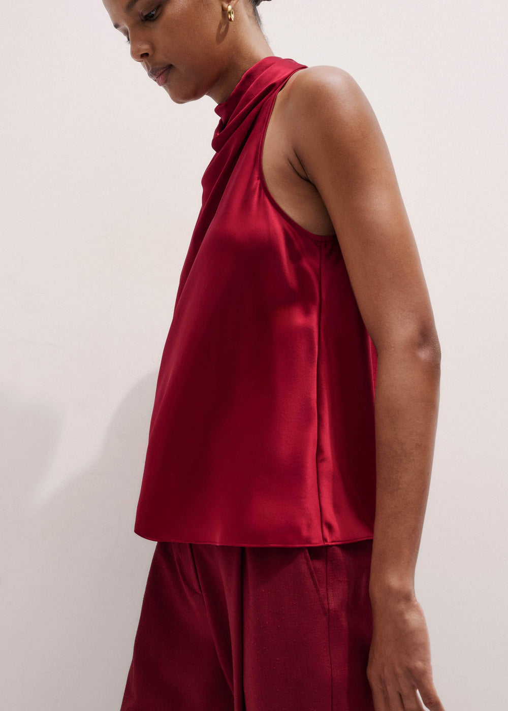 Red Silk Satin Halterneck Sleeveless Top