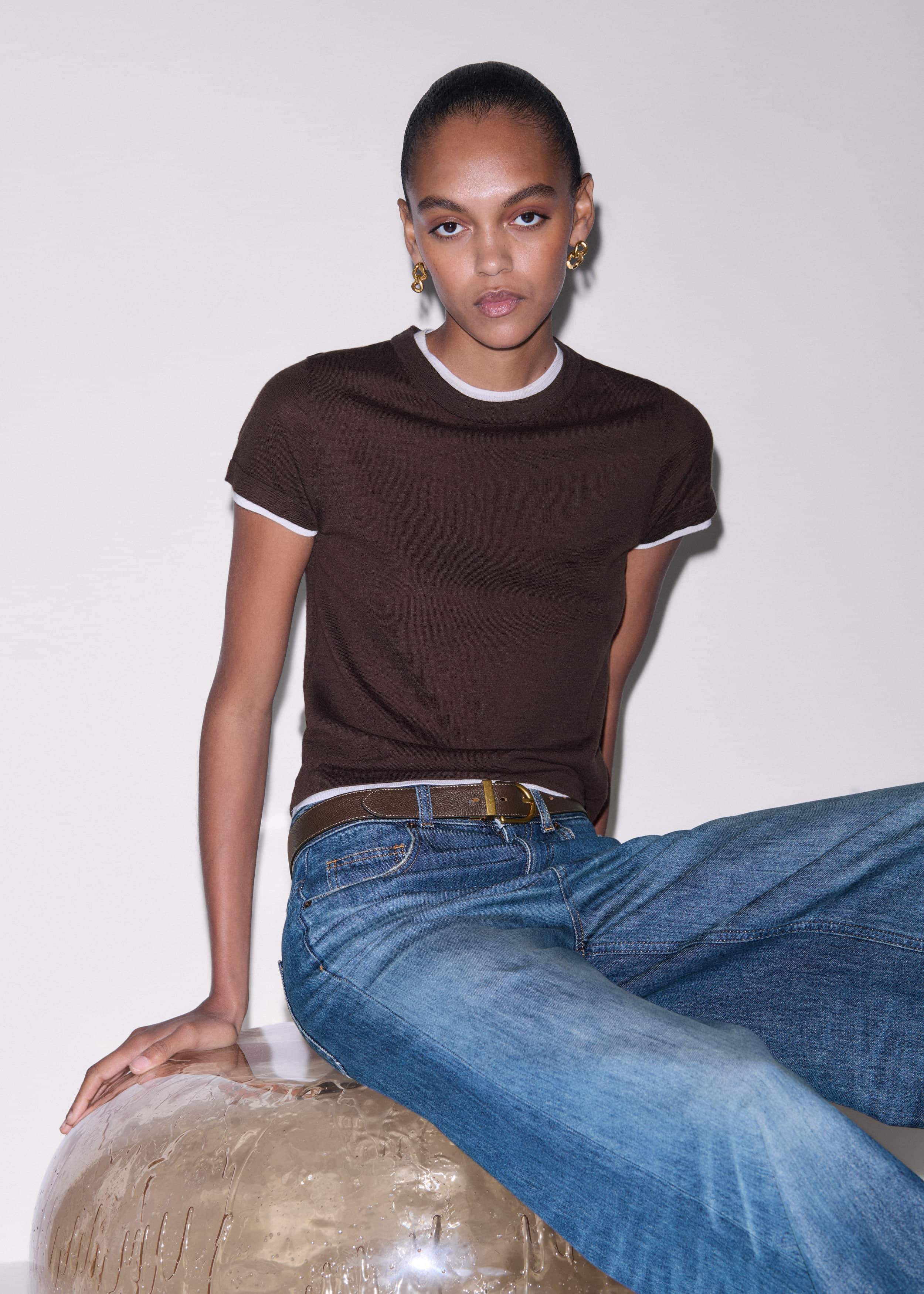 Brown Barely There Contrast Trim Knit Baby Tee